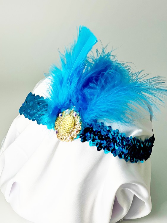 Повязка 30-е пайетки с пером синяя